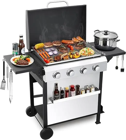 Stainless Steel 4-Burner Flat Top Propane Gas Grill with Griddle and Foldable Side Table, 49,200 BTU Outdoor BBQ Grill, Porcelai - Image 7