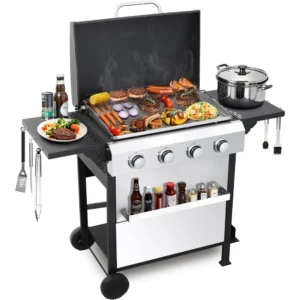 Stainless Steel 4-Burner Flat Top Propane Gas Grill with Griddle and Foldable Side Table, 49,200 BTU Outdoor BBQ Grill, Porcelai