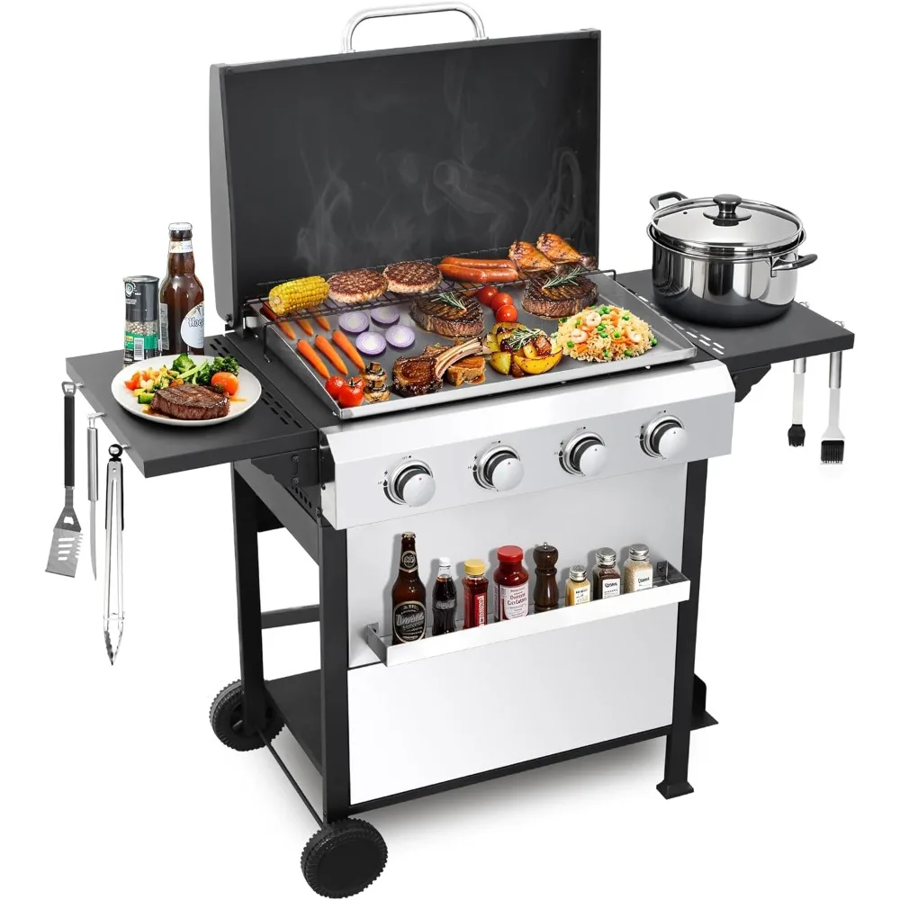 Stainless Steel 4-Burner Flat Top Propane Gas Grill with Griddle and Foldable Side Table, 49,200 BTU Outdoor BBQ Grill, Porcelai