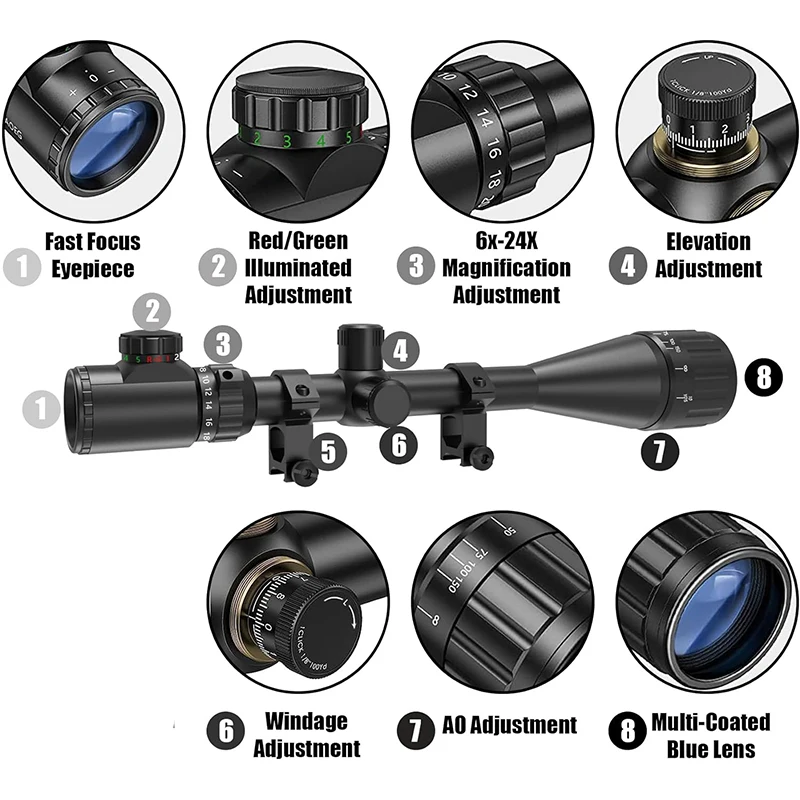6-24x50 AO Rifle Scope Hunting Long-Range Scope Illuminated Red/Green Reticle Tactical Optical Sight for Rifle - Image 5
