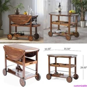 Acacia Wood Outdoor Bar Cart with Aluminum Trim, Drop Leaf, and Detachable Trays for Patio and Garden Use
