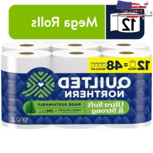 Ultra Soft Strong Toilet Paper 12 Mega Rolls 2 Ply Sustainable 5X Strong Absorbent Reliable Septic Safe Eco-Friendly