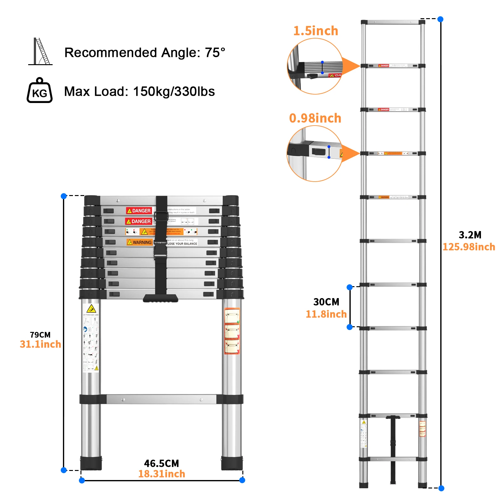 Telescopic Ladder 10.5 FT 3.2M Multi-Purpose Stainless Steel Extendable with Anti-Slip Feet,EN131 Portable Sturdy Loft Ladder - Image 2