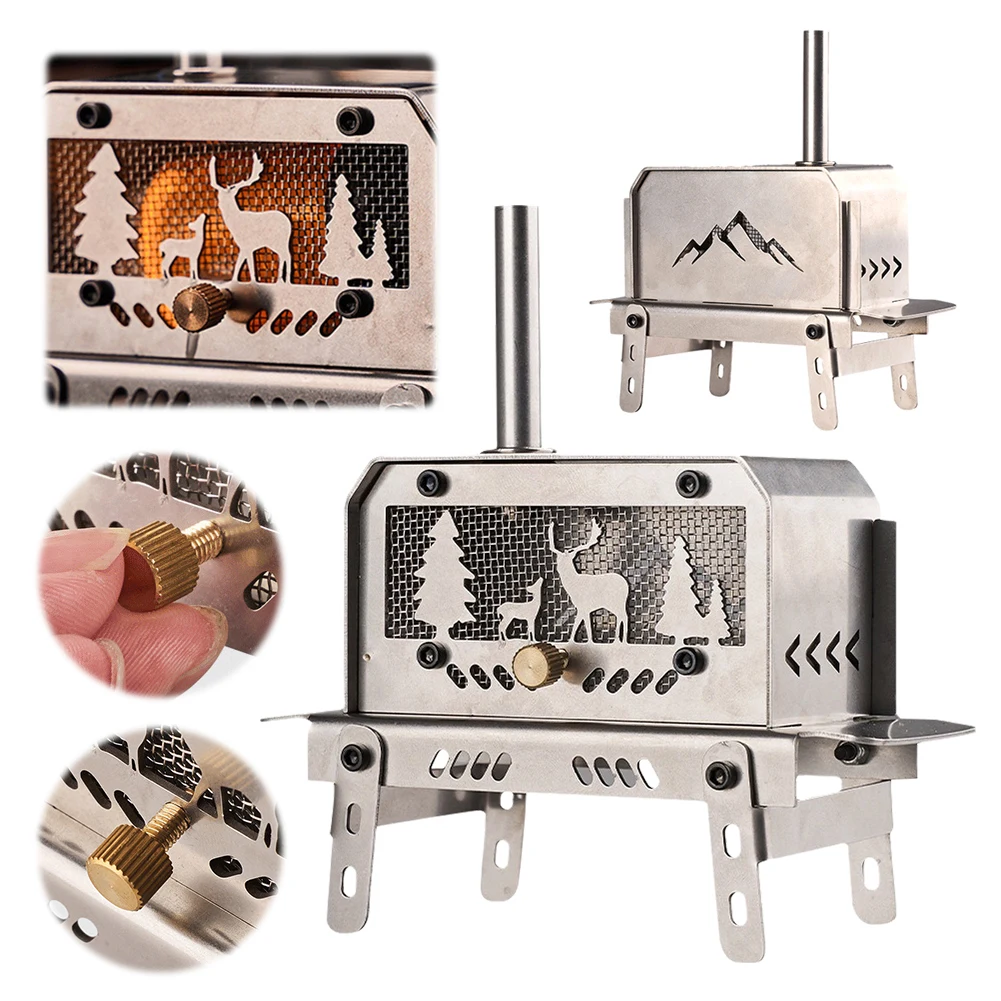 Outdoor Firewood Stove with Chimney Wood Burning Stove Stainless Steel Camping Wood Stove for Backpacking Fishing
