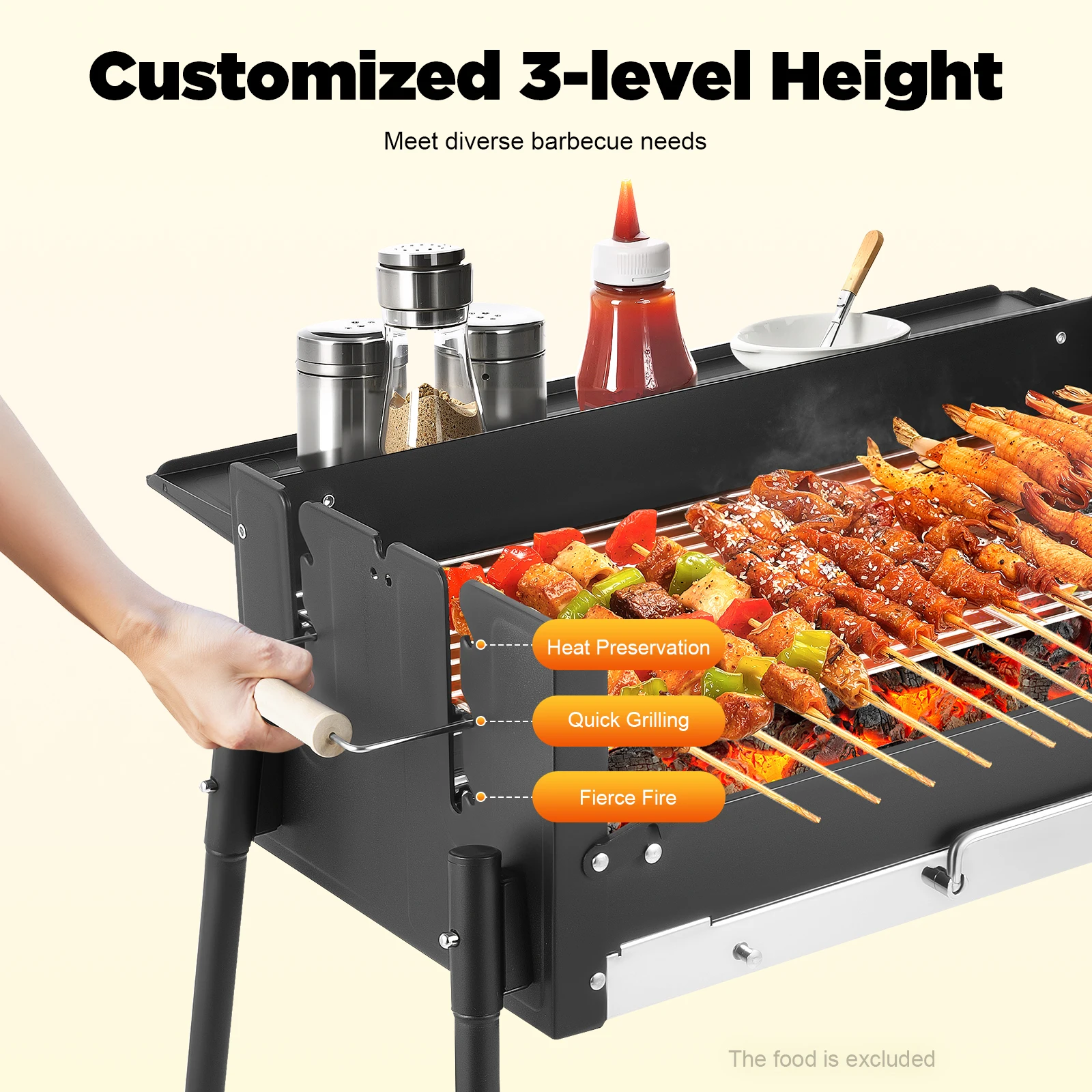 Portable Folding Charcoal BBQ Grill, Large 25.79" Stainless Steel Outdoor Barbecue Grill with Adjustable Height, for Garden Camp - Image 3