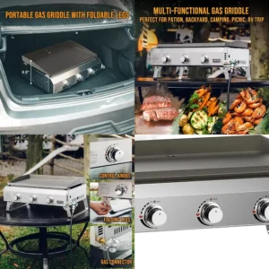Portable 3-Burner Propane Gas Griddle with Foldable Legs, Stainless Steel Outdoor Cooking Flat Top Grill for Patio, Camping, and