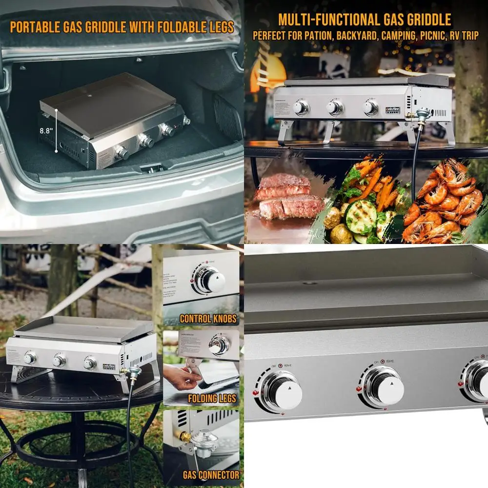 Portable 3-Burner Propane Gas Griddle with Foldable Legs, Stainless Steel Outdoor Cooking Flat Top Grill for Patio, Camping, and