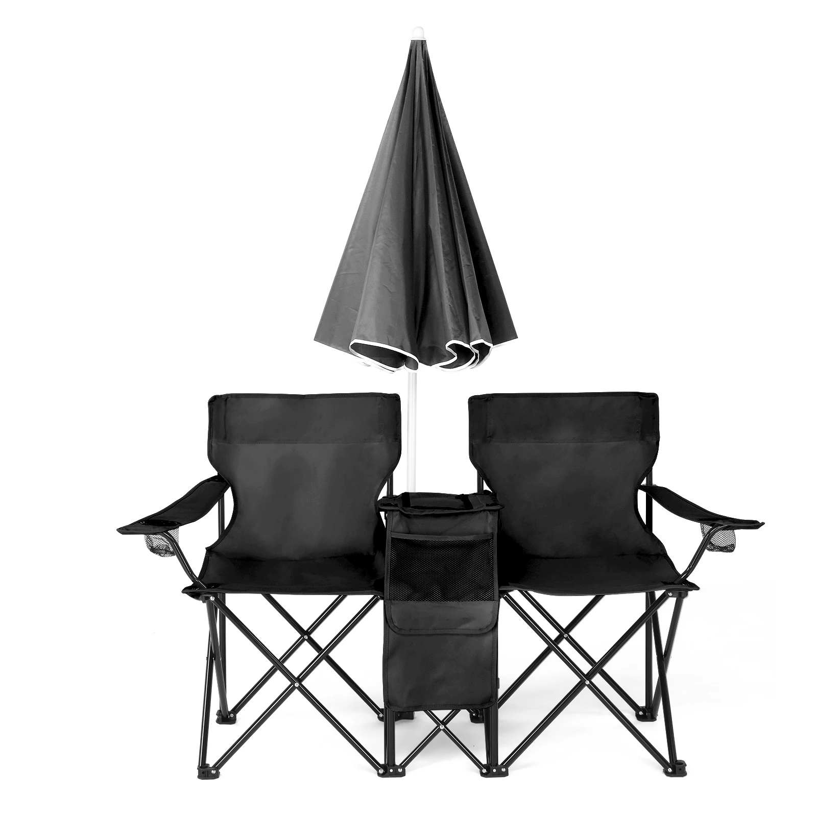 59*19.6*31in Portable Outdoor 2-Seat Folding Chair with Removable Sun Umbrella Black - Image 6