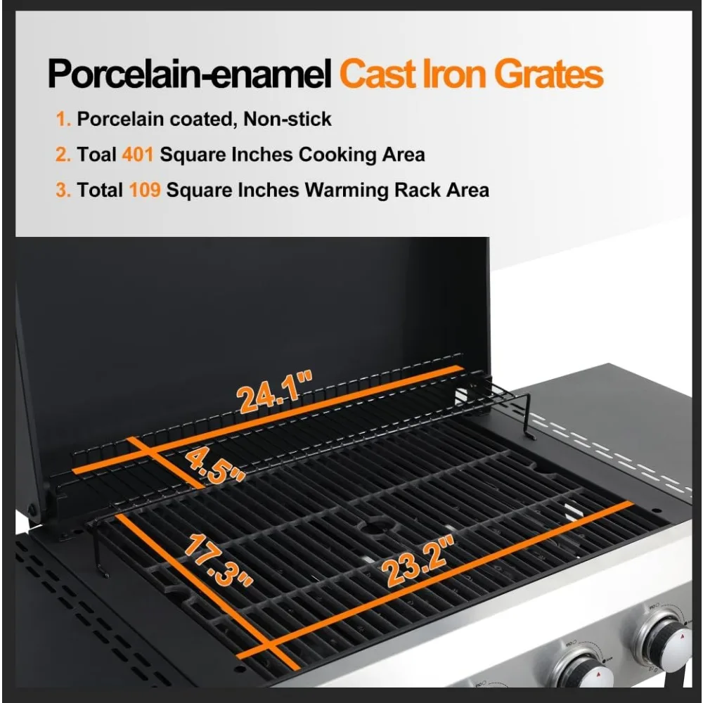 Stainless Steel 4-Burner Flat Top Propane Gas Grill with Griddle and Foldable Side Table, 49,200 BTU Outdoor BBQ Grill, Porcelai - Image 4