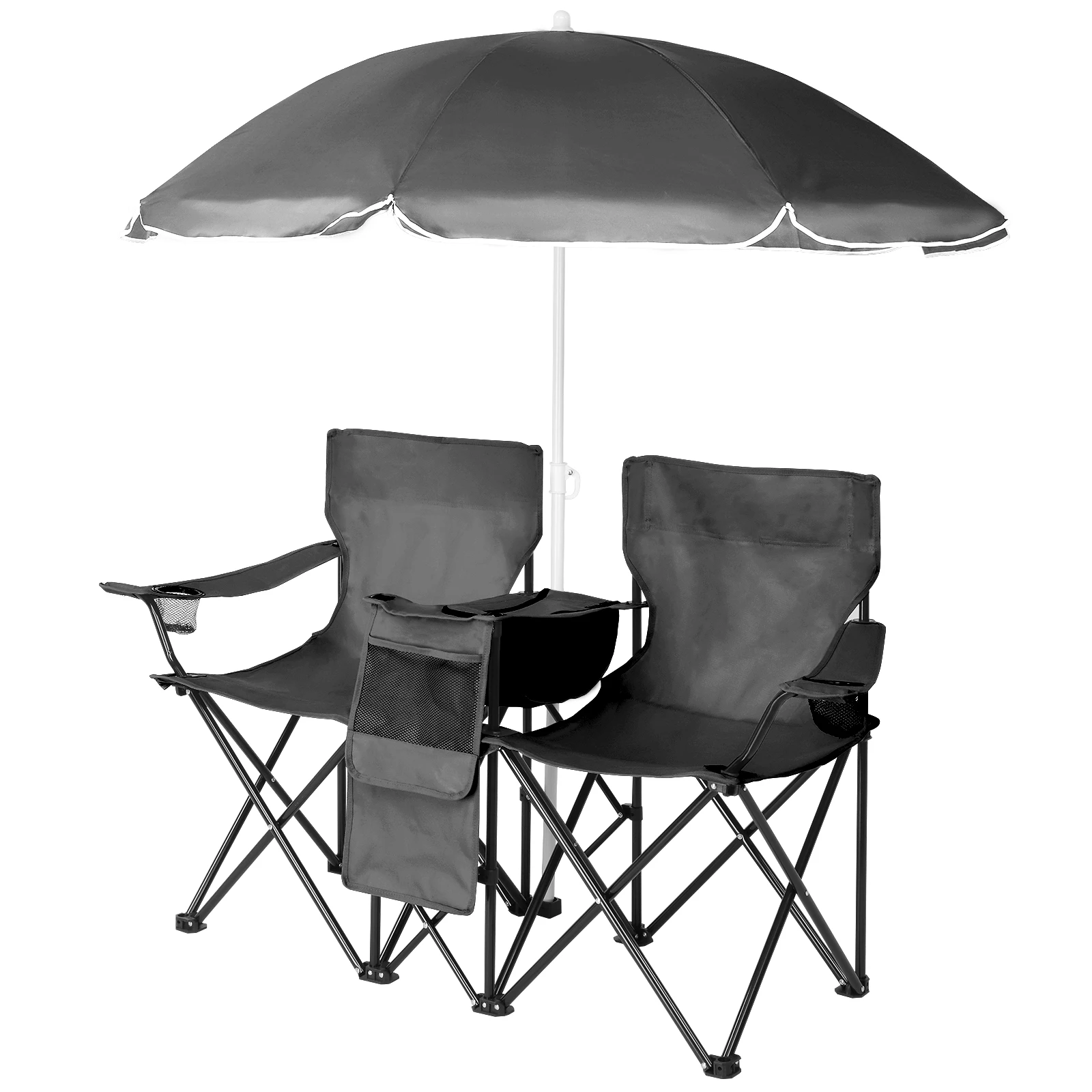 59*19.6*31in Portable Outdoor 2-Seat Folding Chair with Removable Sun Umbrella Black - Image 3