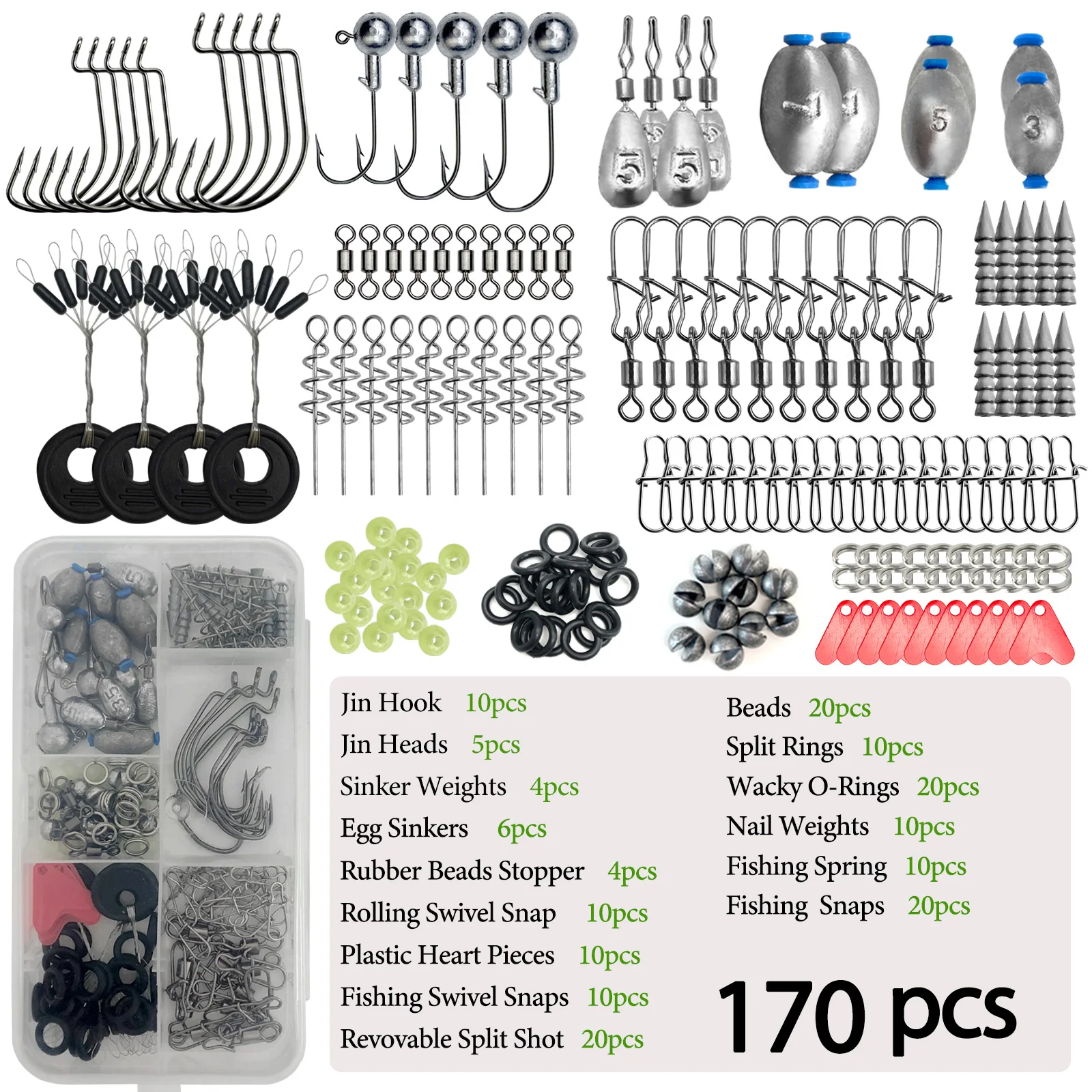 170-410pcs Professional Fishing Kit with Tackle Box, Hooks Sinkers Swivels for Bass Trout Saltwater Fishing Complete Lure Set - Image 5