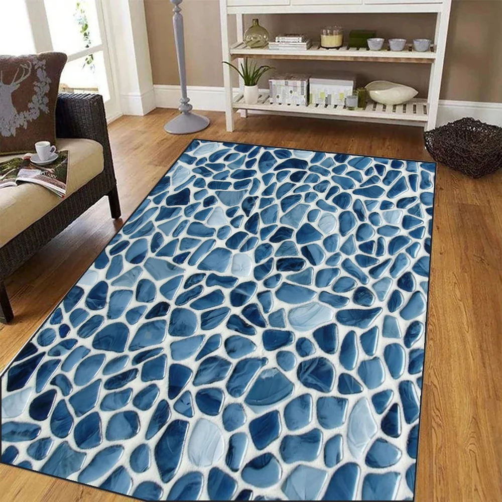 Blue Abstract Rug Stone Road Pattern Outdoor Non-Slip Mat Patio Garden RV Camping Durable Polyester Indoor Outdoor Holiday Decor