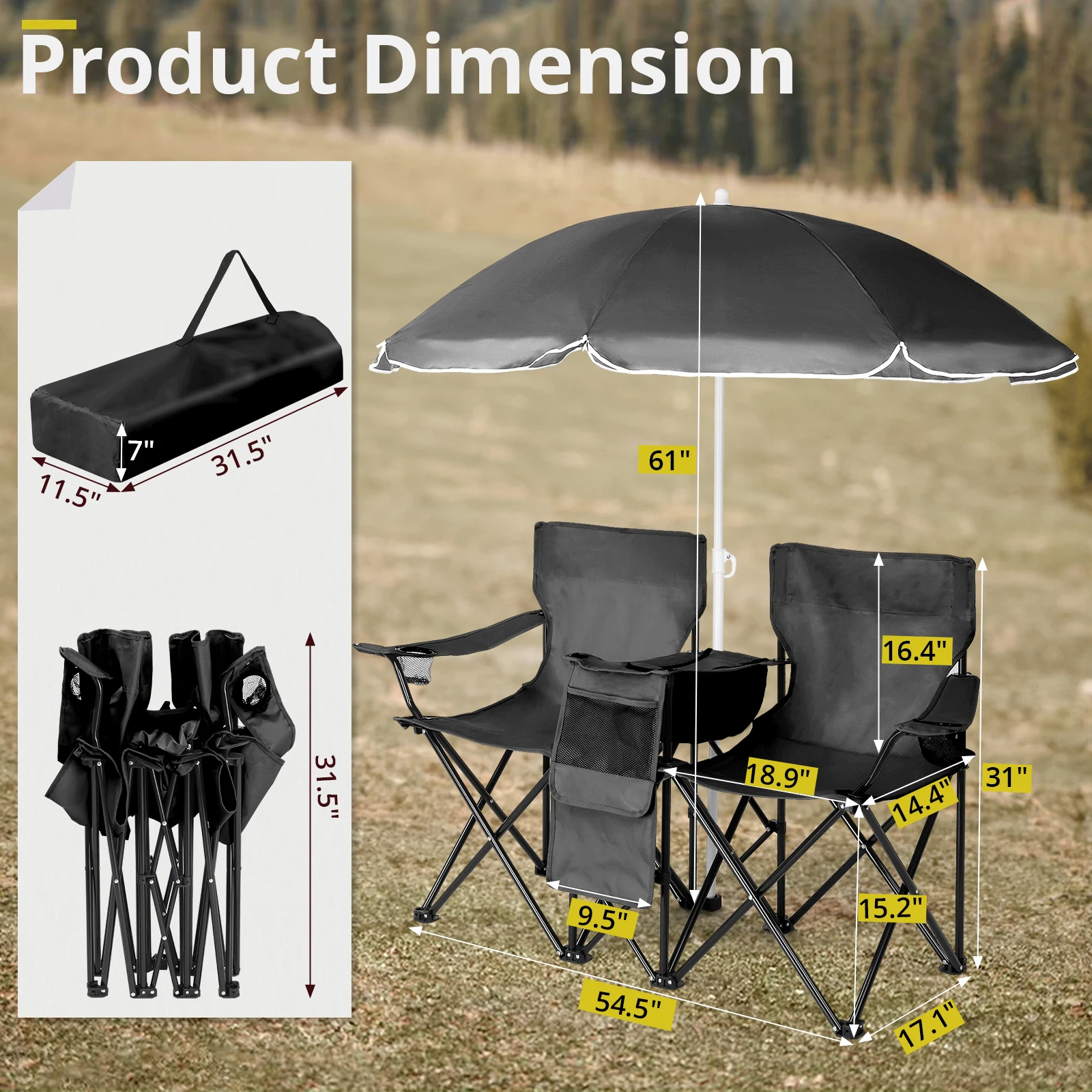 59*19.6*31in Portable Outdoor 2-Seat Folding Chair with Removable Sun Umbrella Black - Image 5