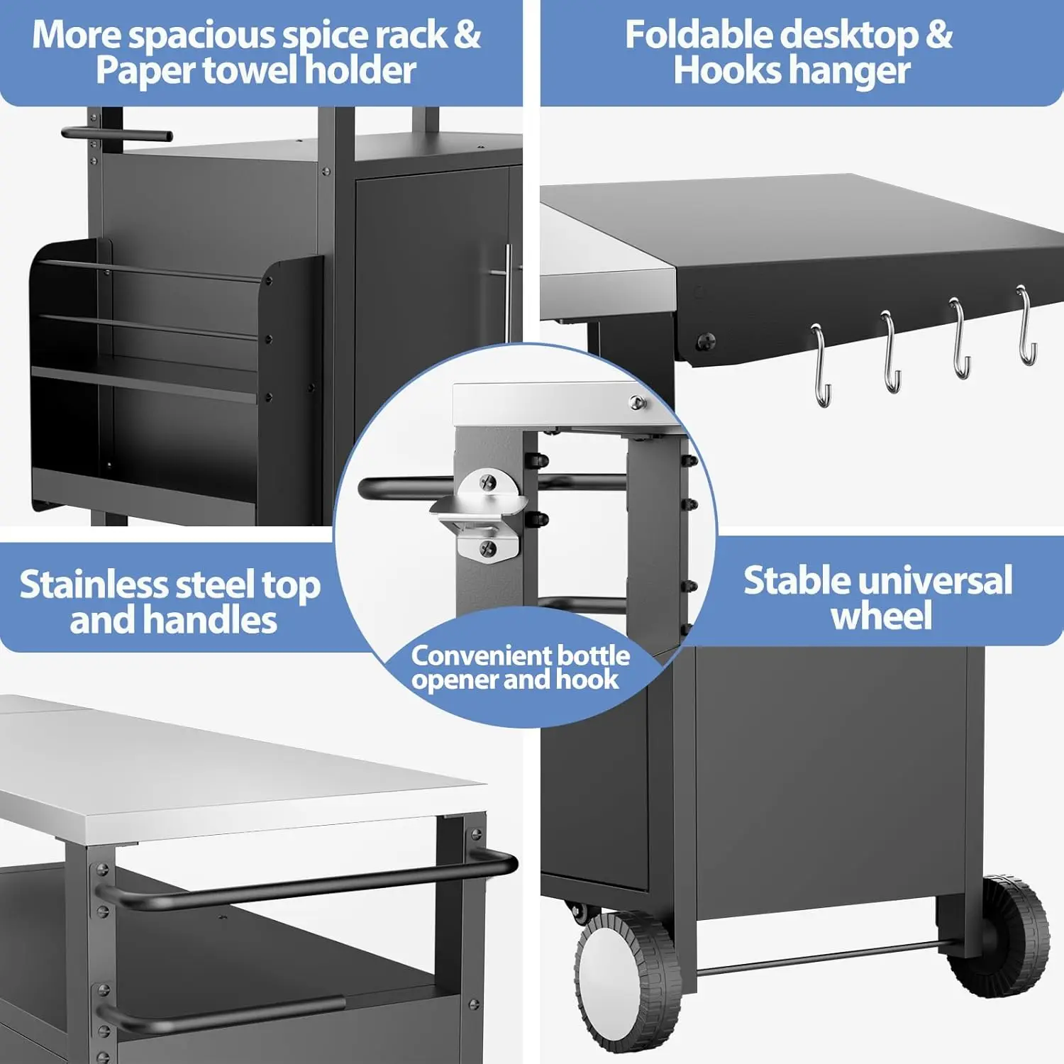 Outdoor Grill Cart with Storage,Patio Kitchen Island with WheelsHooks and Spice Rack,Waterproof Outdoor Grill Table - Image 3