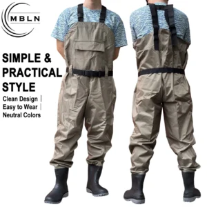 1pc Fishing Waders with Boots, Nylon Waterproof Pants, Adjustable Straps, 170T, 15000MPa Water Resistance, Khaki Outdoor Gear