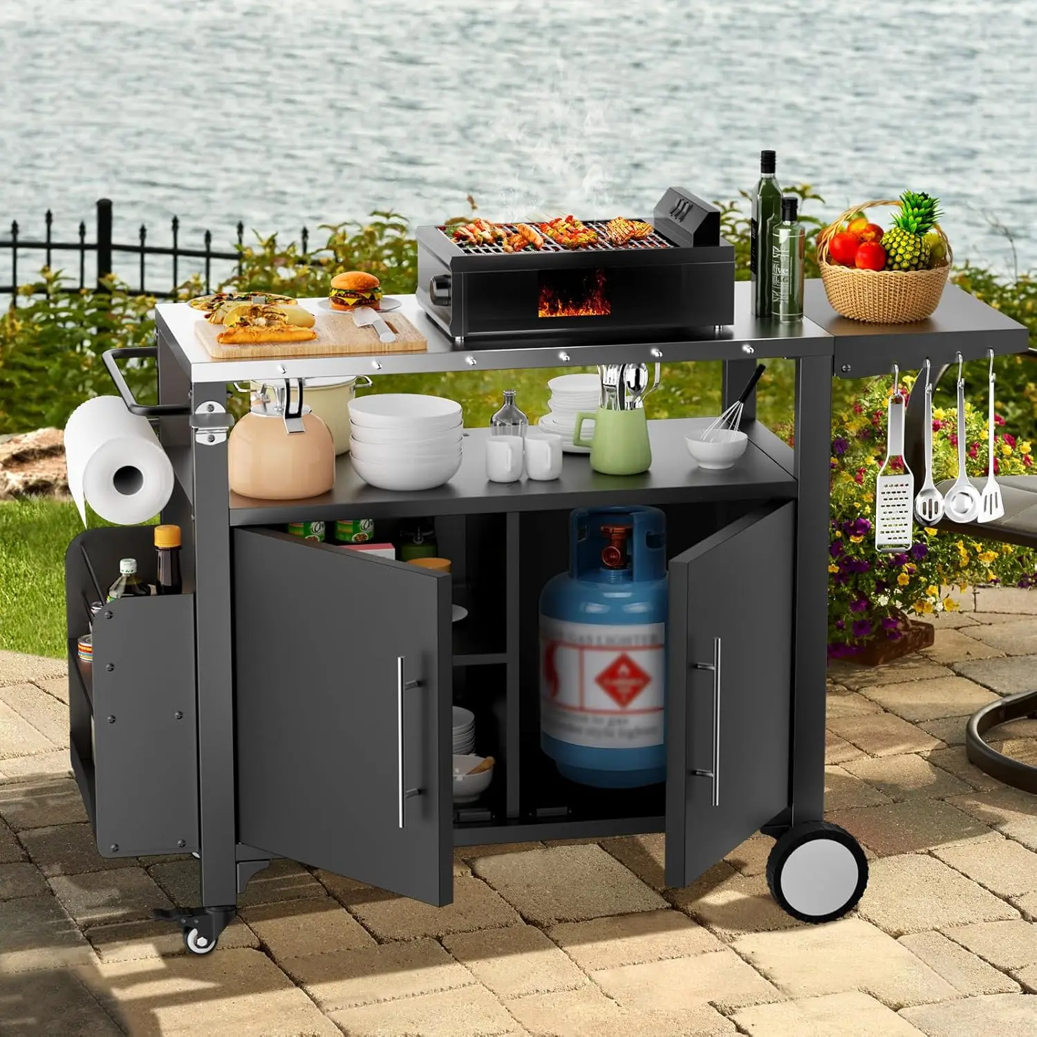 Outdoor Grill Cart with Storage,Patio Kitchen Island with WheelsHooks and Spice Rack,Waterproof Outdoor Grill Table - Image 2