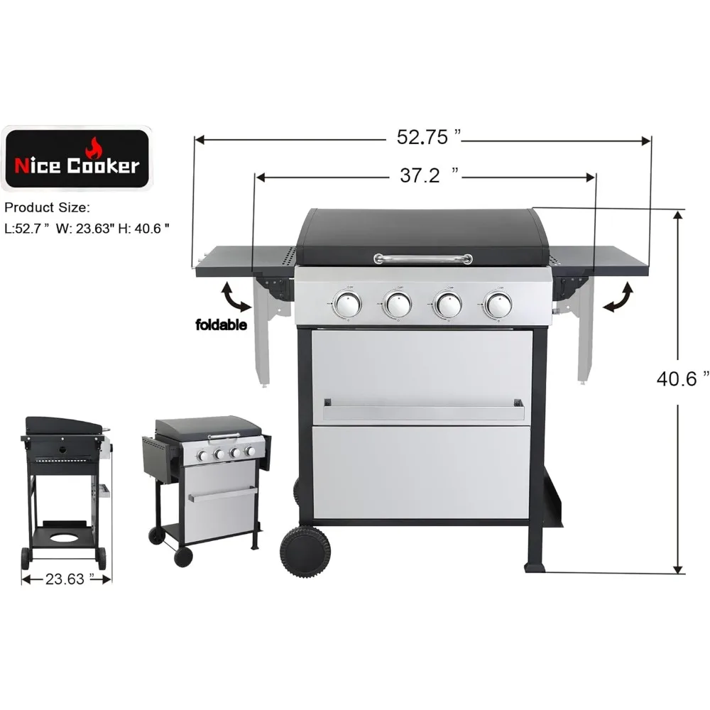 Stainless Steel 4-Burner Flat Top Propane Gas Grill with Griddle and Foldable Side Table, 49,200 BTU Outdoor BBQ Grill, Porcelai - Image 3