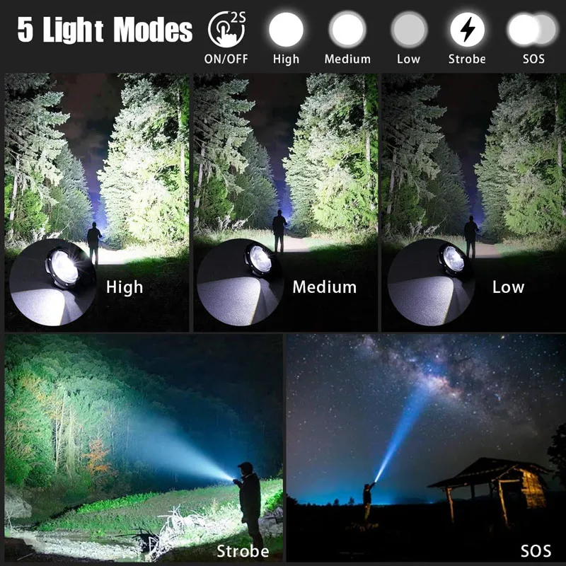 High Power Rechargeable LED Tactical Flashlight Aluminum Alloy Telescopic Zoom Torch Lamp for Outdoor Camping Fishing - Image 2