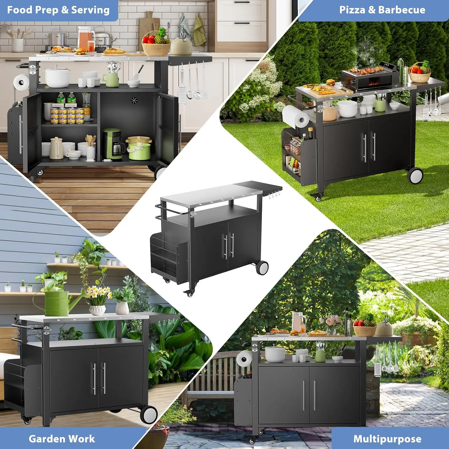 Outdoor Grill Cart with Storage,Patio Kitchen Island with WheelsHooks and Spice Rack,Waterproof Outdoor Grill Table - Image 4