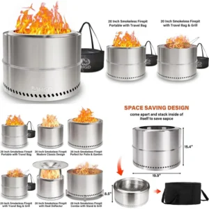 Portable Outdoor Smokeless Fire Pit, 20 Inch Diameter, Stainless Steel Wood Burning Campfire with Travel Bag, Ideal for Camping