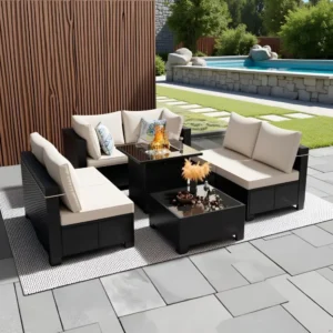 Patio Furniture Set with Fire Pit Table, Wicker Outdoor Sectional Sofa Set, Conversation Sets with Thick Anti-Slip Cushions