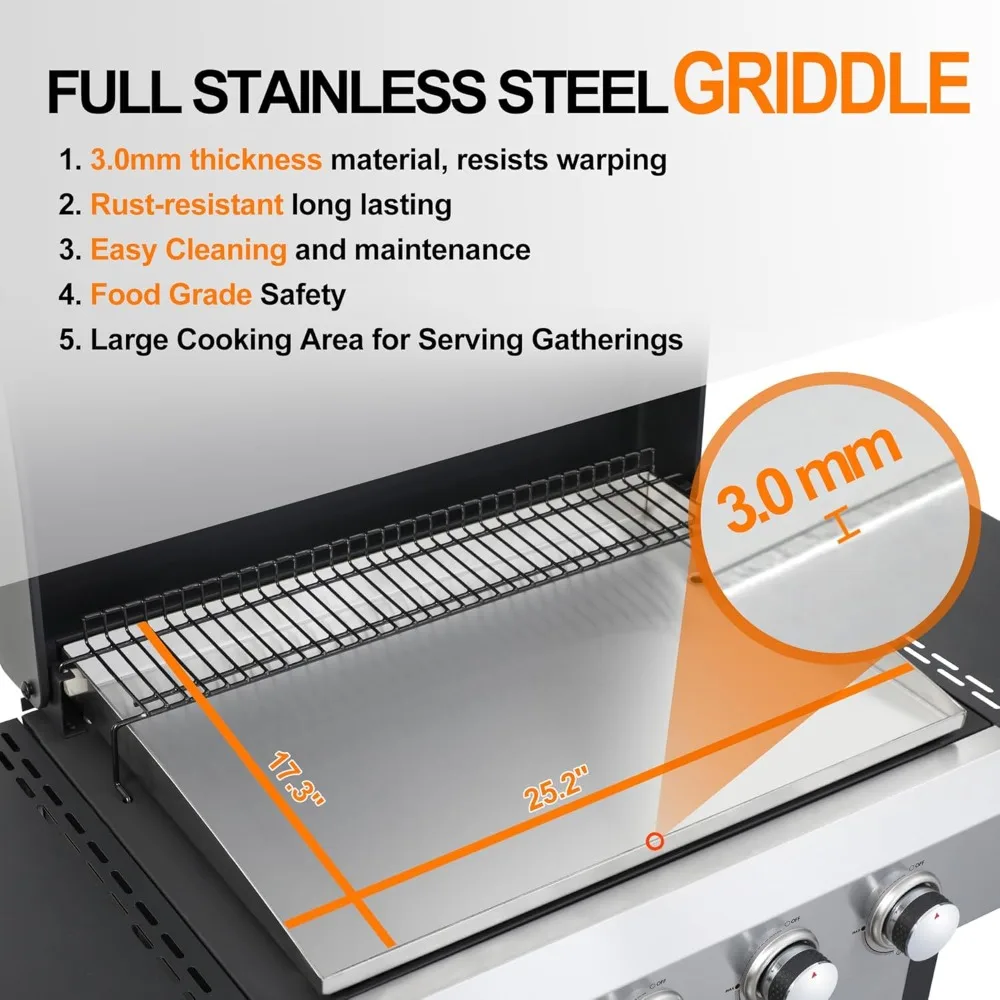 Stainless Steel 4-Burner Flat Top Propane Gas Grill with Griddle and Foldable Side Table, 49,200 BTU Outdoor BBQ Grill, Porcelai - Image 2