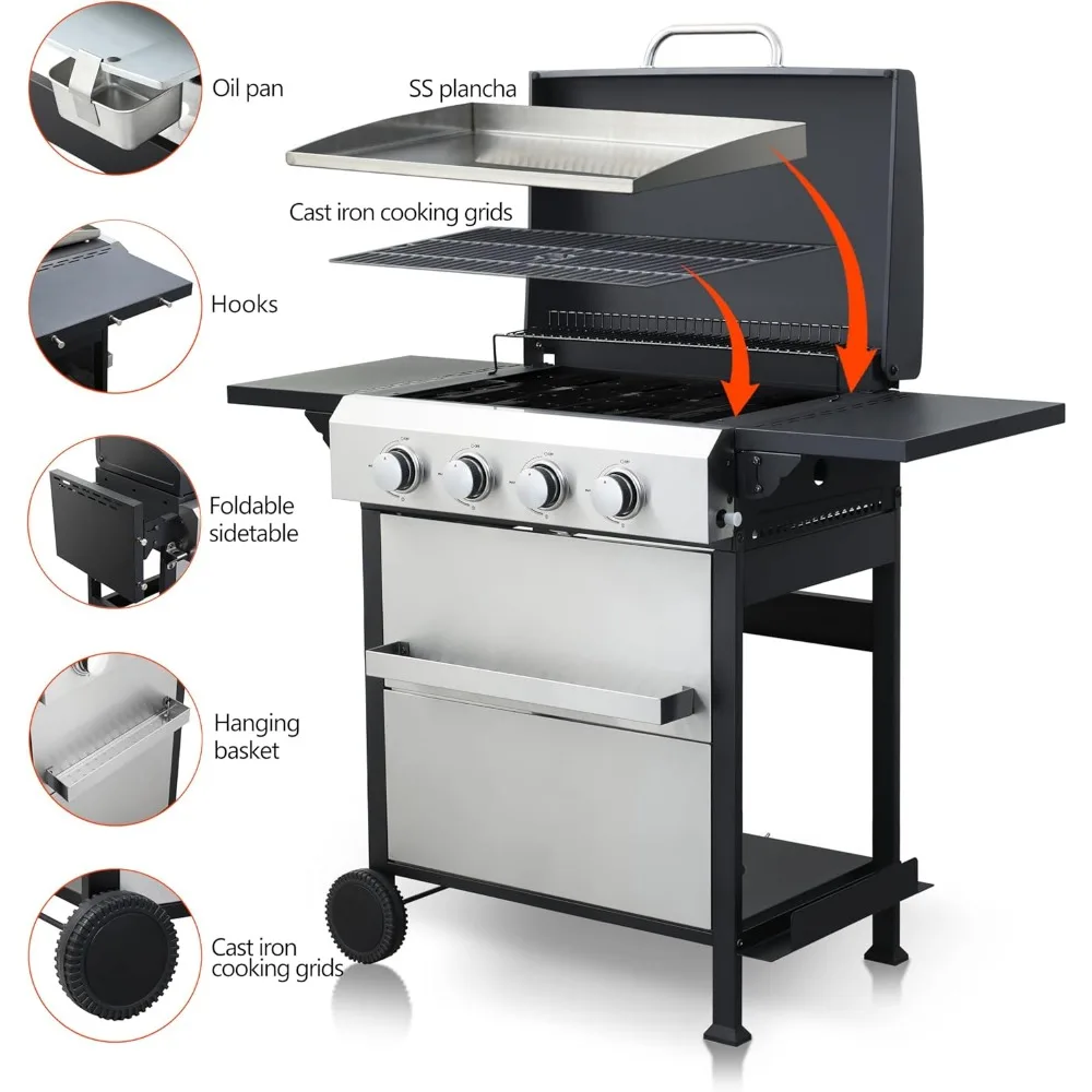 Stainless Steel 4-Burner Flat Top Propane Gas Grill with Griddle and Foldable Side Table, 49,200 BTU Outdoor BBQ Grill, Porcelai - Image 5