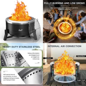 Wood Burning Portable Outdoor Fire Pit, 22 Inch Smokeless Patio Fire Pit with Ash Pan, Suitable for Patio and Garden Use