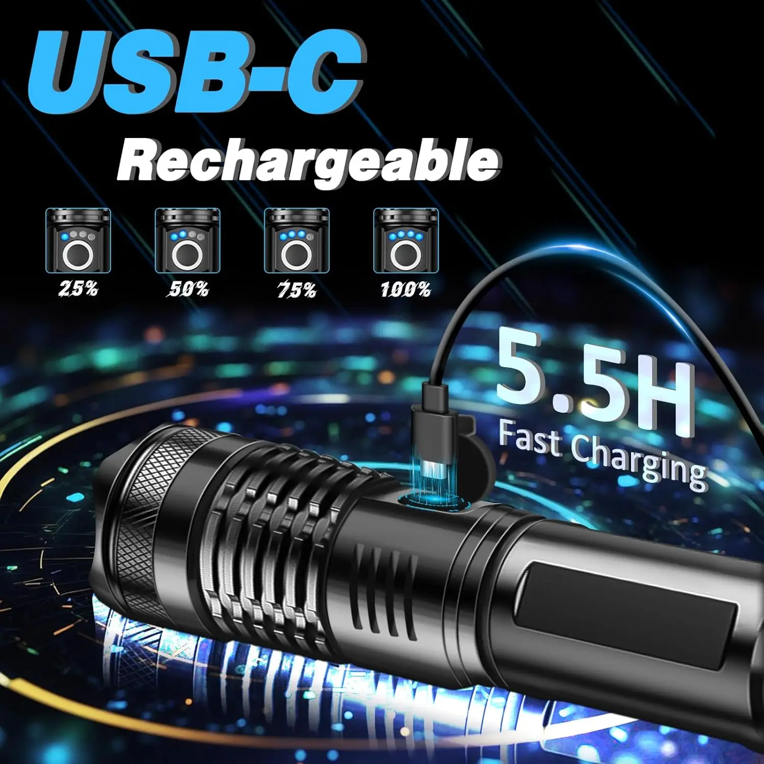 High Power Rechargeable LED Tactical Flashlight Aluminum Alloy Telescopic Zoom Torch Lamp for Outdoor Camping Fishing - Image 4