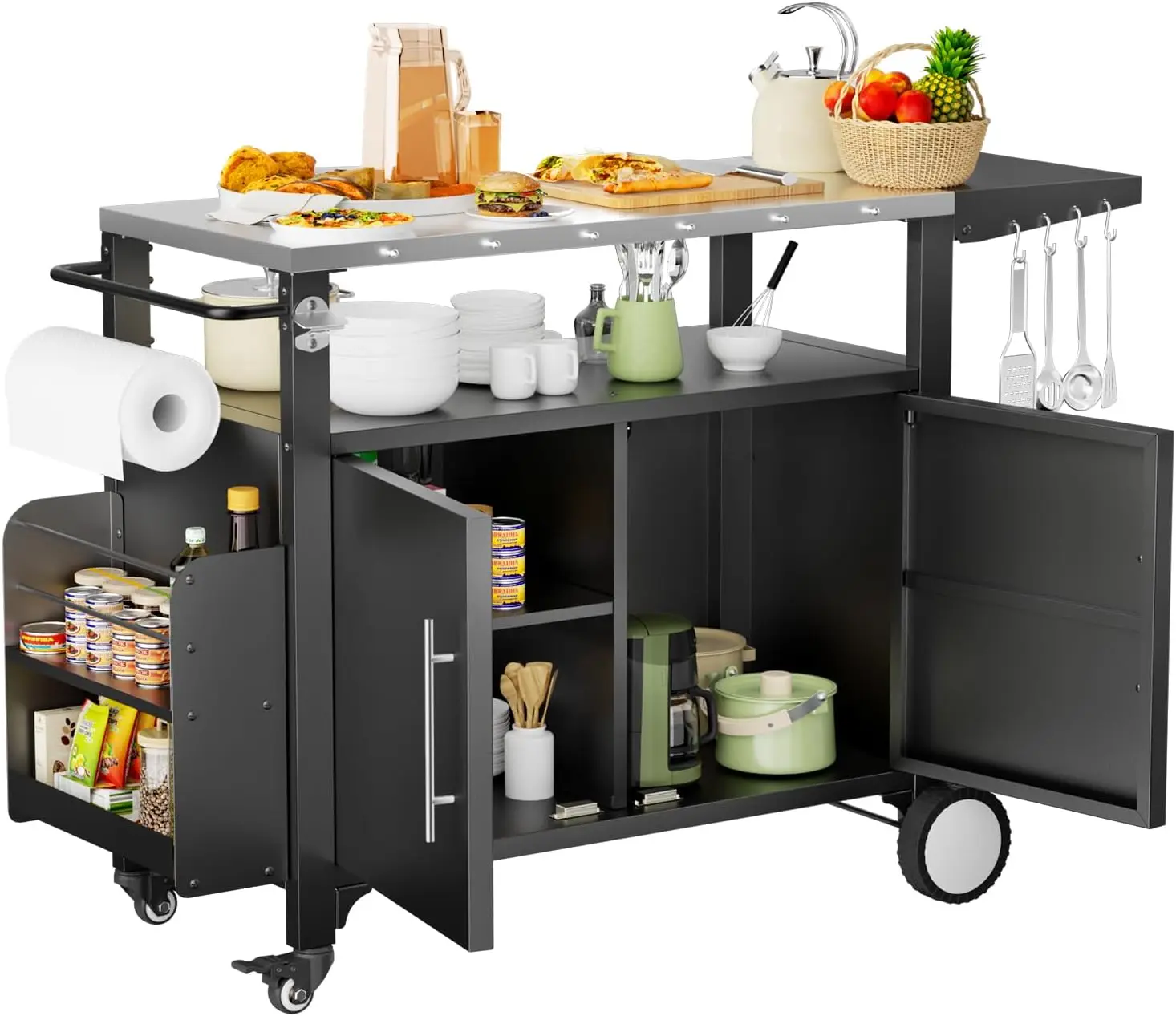 Outdoor Grill Cart with Storage,Patio Kitchen Island with WheelsHooks and Spice Rack,Waterproof Outdoor Grill Table - Image 6