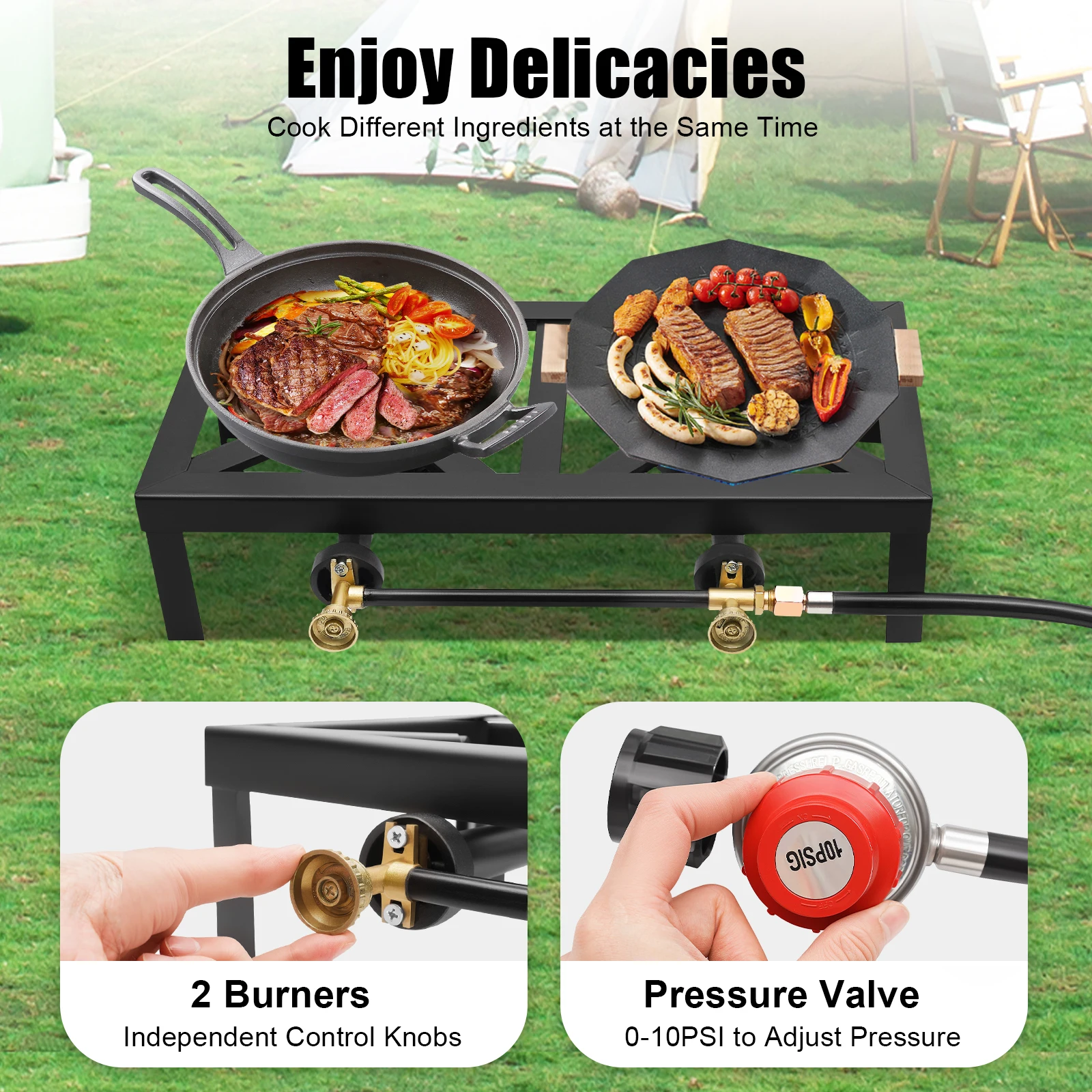 8000W Portable Double Burner Outdoor Gas Stove Propane Cooker with Adjustable 0-10Psi Regulator Hose for Patio Camping, BBQ - Image 2