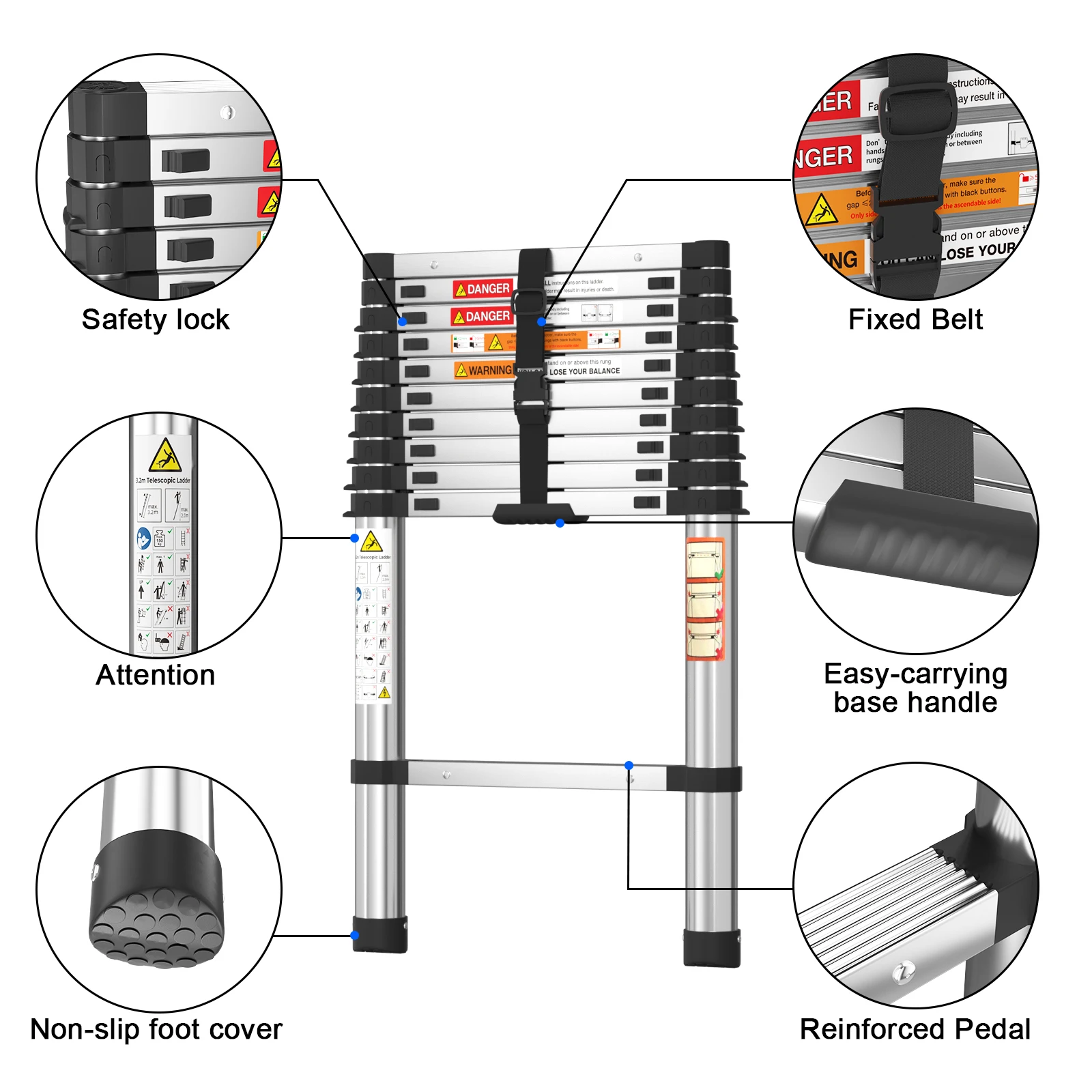 Telescopic Ladder 10.5 FT 3.2M Multi-Purpose Stainless Steel Extendable with Anti-Slip Feet,EN131 Portable Sturdy Loft Ladder - Image 3