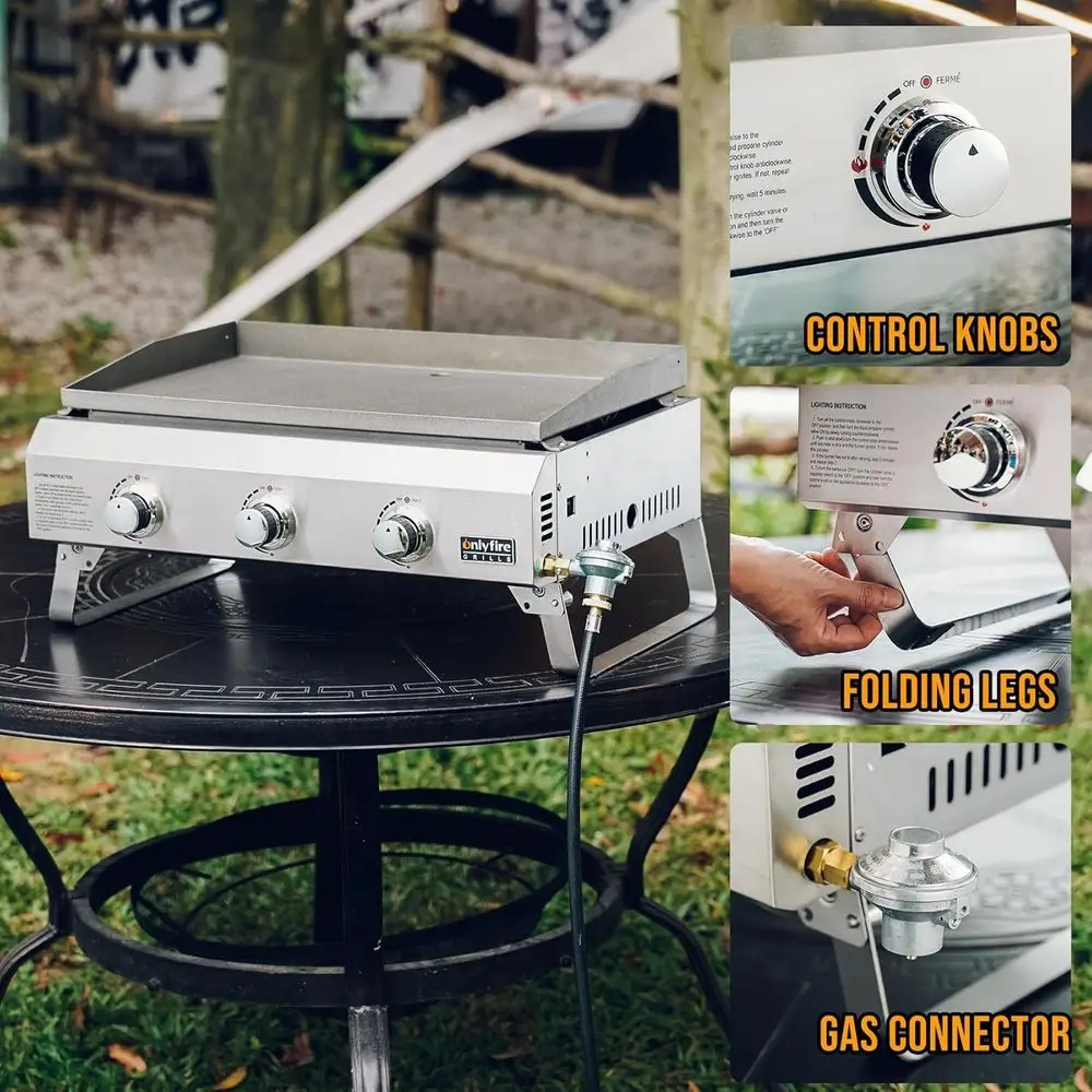 Portable 3-Burner Propane Gas Griddle with Foldable Legs, Stainless Steel Outdoor Cooking Flat Top Grill for Patio, Camping, and - Image 4
