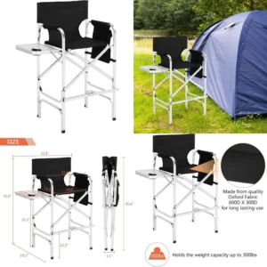 Folding Camping Chair with Side Table - Tall Bar Height, Portable, Aluminum Frame, 300 lbs Capacity, Makeup Artist Chair
