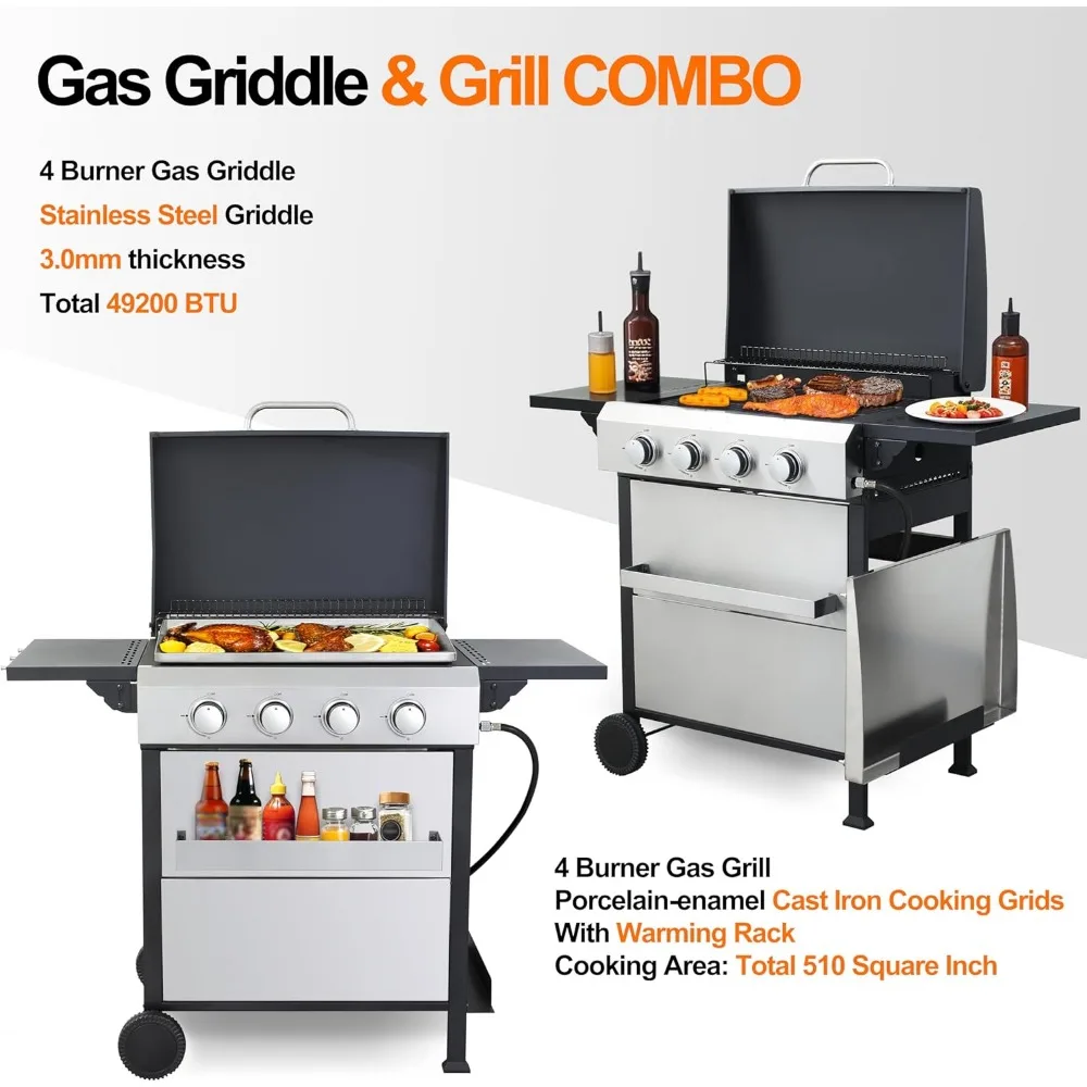 Stainless Steel 4-Burner Flat Top Propane Gas Grill with Griddle and Foldable Side Table, 49,200 BTU Outdoor BBQ Grill, Porcelai - Image 6