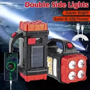 LED Flashlight USB+Solar Rechargeable Flashlight COB Outdoor Camping Torch Portable Searchlight Power Bank for Fishing Outdoor