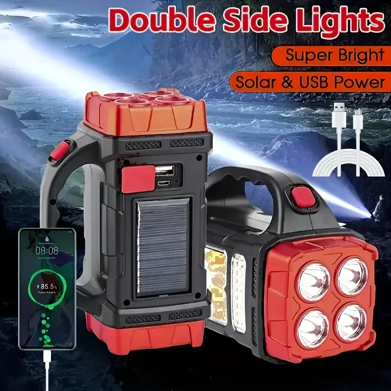 LED Flashlight USB+Solar Rechargeable Flashlight COB Outdoor Camping Torch Portable Searchlight Power Bank for Fishing Outdoor